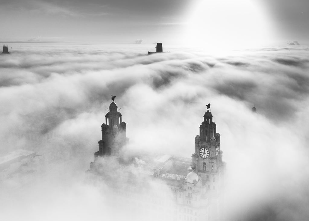 liverpool liver birds three graces print in the fog ant clausen